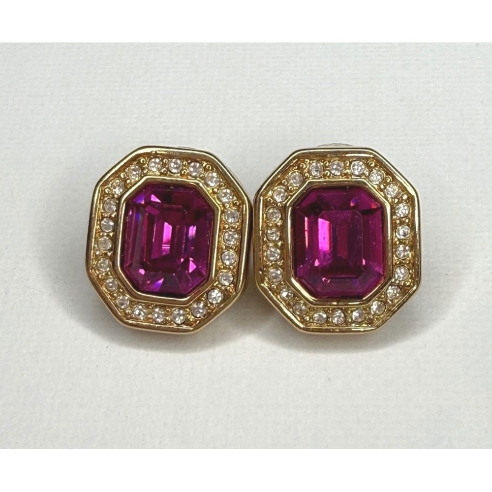 Vintage SAL Swarovski Signed Gold Tone Earrings Pink Stone Rhinestones